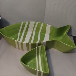 Green and White Fish-Shaped Ceramic Chip & Dip Set